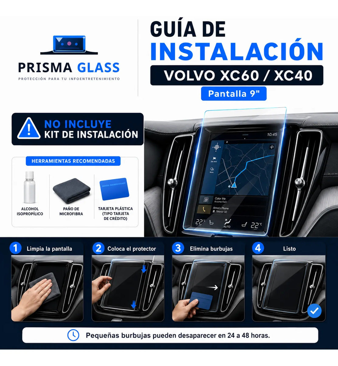 Vidrio templado radio 9" Volvo XC60 XC40 2021-2026