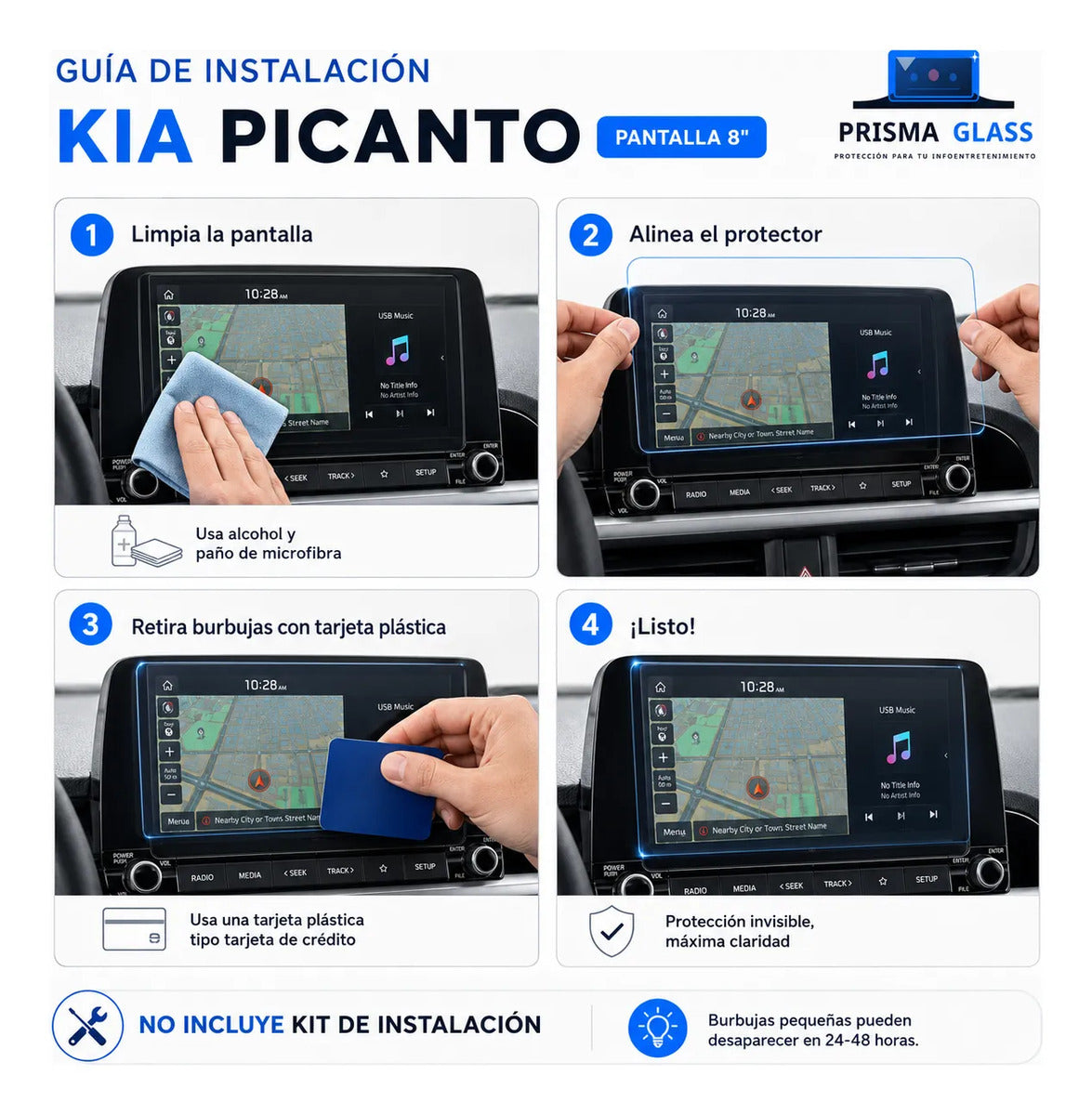 Vidrio templado Prisma Glass Kia Picanto 2023-2028 radio 8"