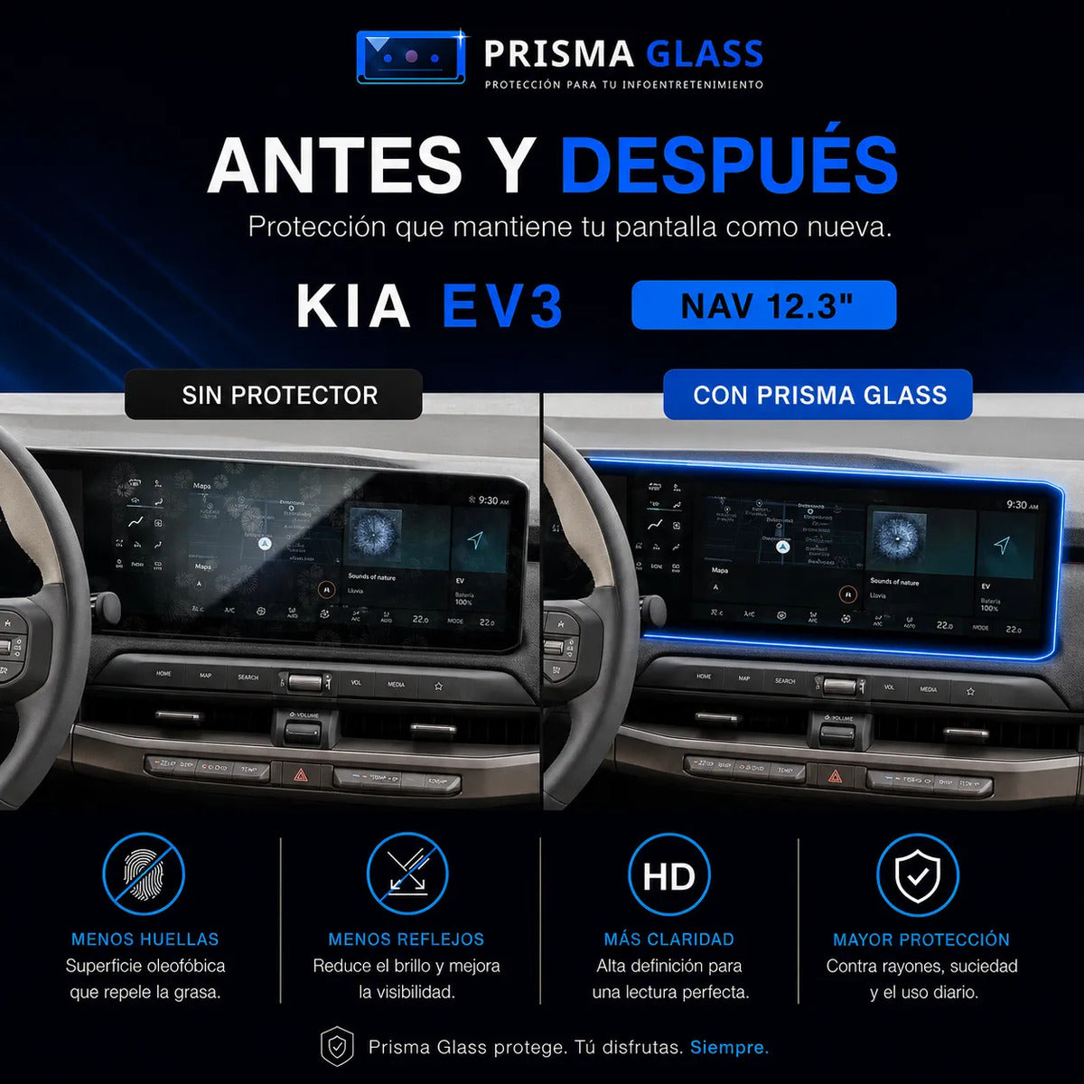 Vidrio Templado Pantalla Kia Ev3 2023-2027 12.3" PrismaGlass