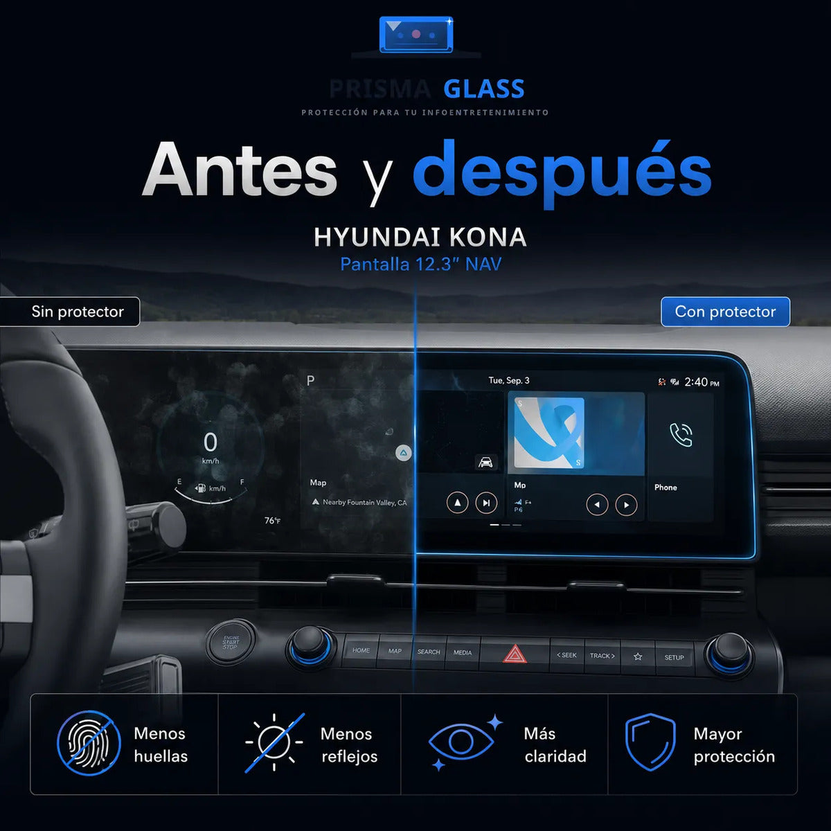 Vidrio templado Prisma Glass Hyundai Kona radio 12.3"