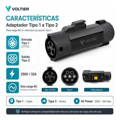 Adaptador EV Voltier Tipo 1 a Tipo 2 AC 250V 32A 7.2kW