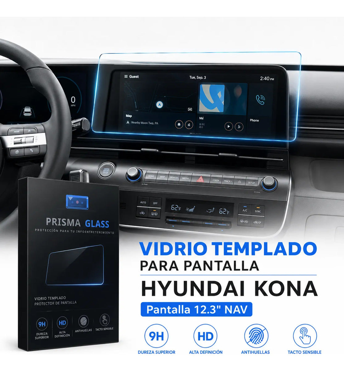 Vidrio templado Prisma Glass Hyundai Kona radio 12.3"