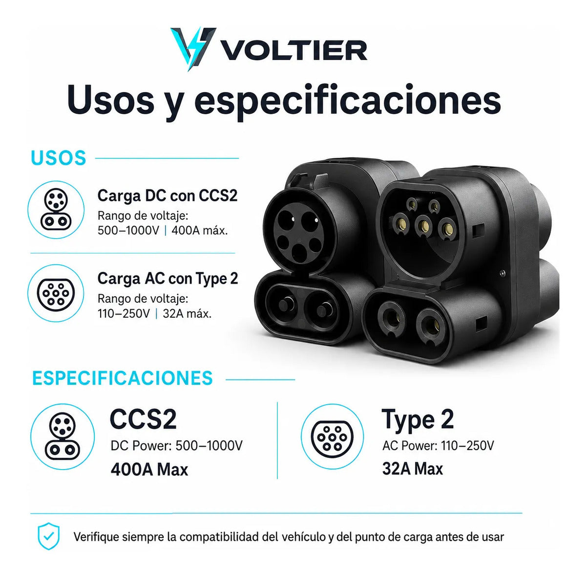 Adaptador Carga Voltier CCS1 a CCS2 Type1 Type2 DC